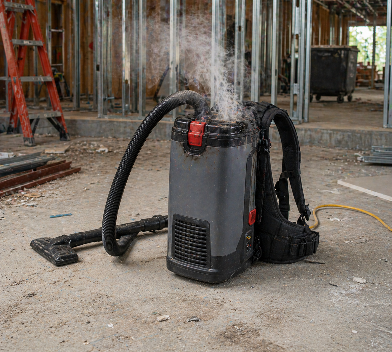 Commercial backpack vacuum overheating on a job site — a motor failing from restricted airflow